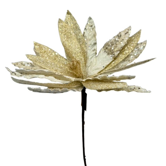 Flor navideña dorada con glitter brillante – toque luminoso y festivo