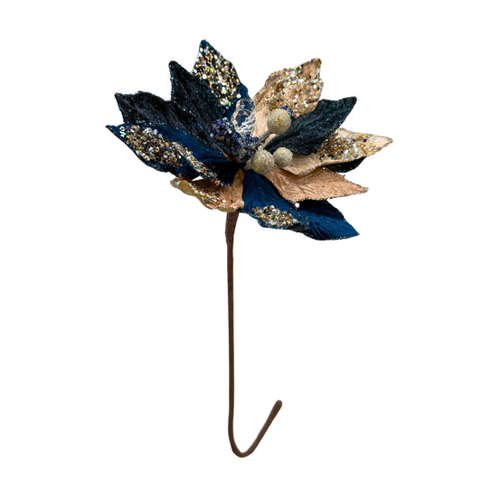 Flor decorativa azul marino y dorado con glitter – Elegancia festiva para decorar