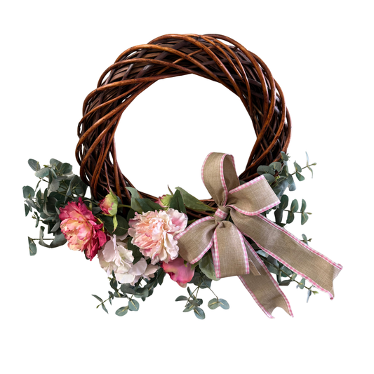 Corona Floral "Café Primavera" – Guirnalda de Ramas Secas con Peonías Rosa Viejo y Hortensias