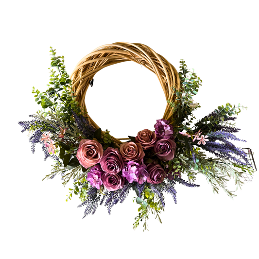 Corona Floral "Lavanda Rosa" – Guirnalda de Mimbre con Rosas Vintage y Lavanda Silvestre