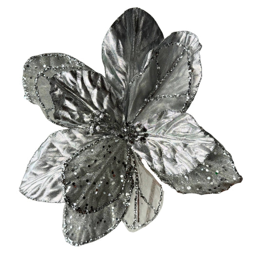 Flor de Navidad plateada con glitter brillante – decoración elegante