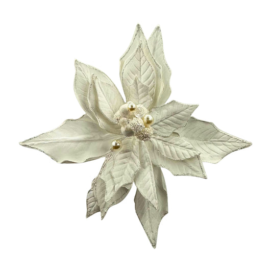 Flor navideña marfil con perlas – Elegancia clásica para tu decoración