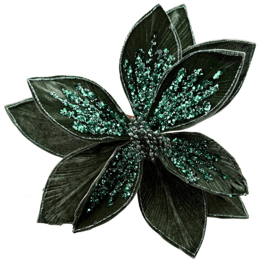 Flor navideña verde con lentejuelas brillantes – decoración elegante y vibrante