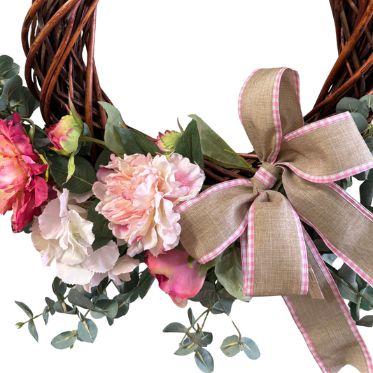 Corona Floral "Café Primavera" – Guirnalda de Ramas Secas con Peonías Rosa Viejo y Hortensias