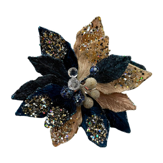 Flor decorativa azul marino y dorado con glitter – Elegancia festiva para decorar