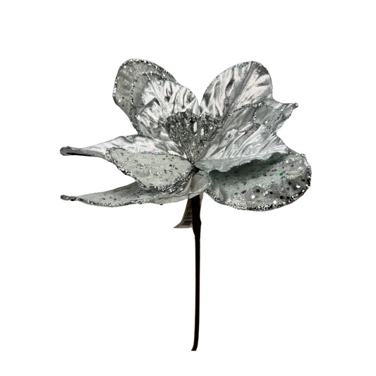 Flor de Navidad plateada con glitter brillante – decoración elegante