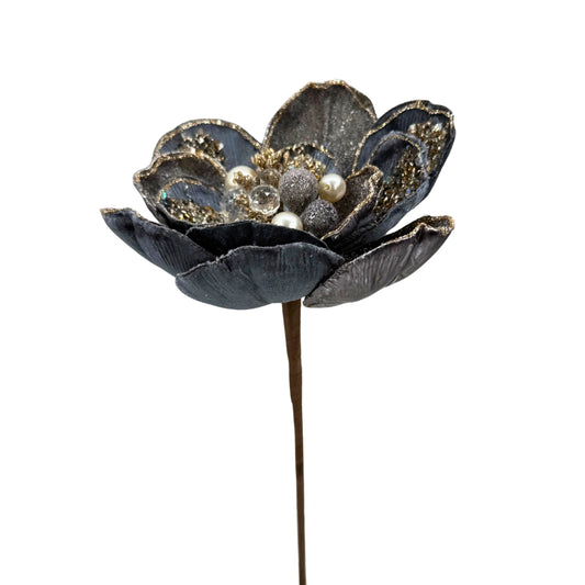 Flor decorativa azul oscuro con perlas y glitter dorado