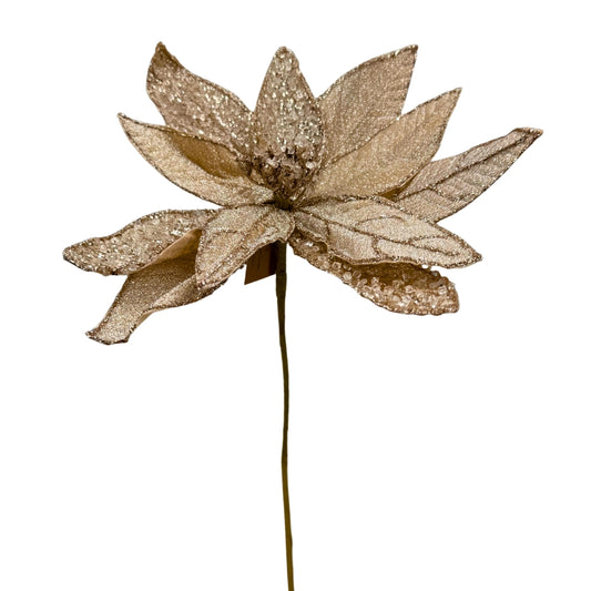 Flor decorativa champán con glitter para Navidad – elegante y brillante