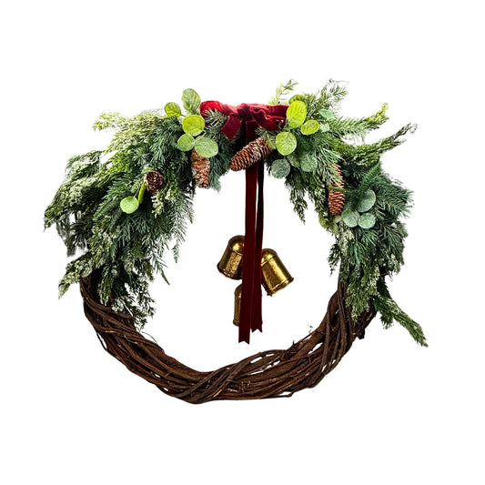 Corona Navideña Vintage con Campanas y Cuerda